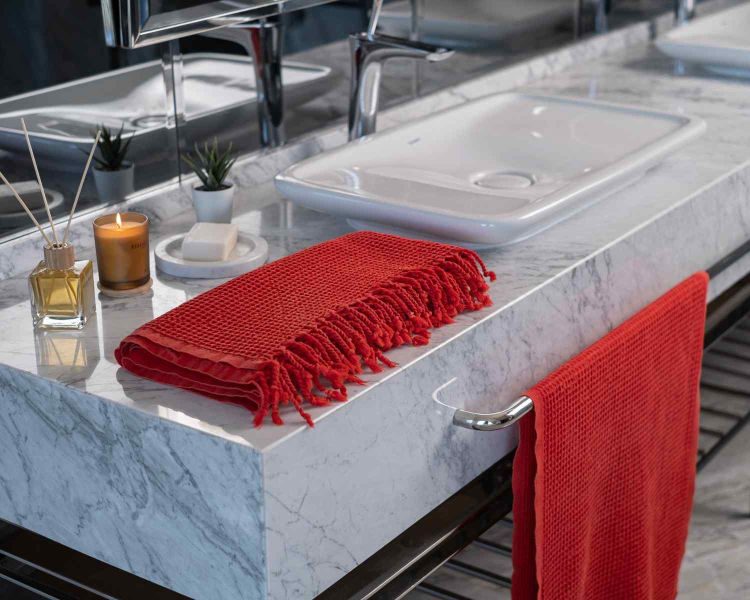 Waffle Turkish Towel Red Bath&Hand Towel(Set)