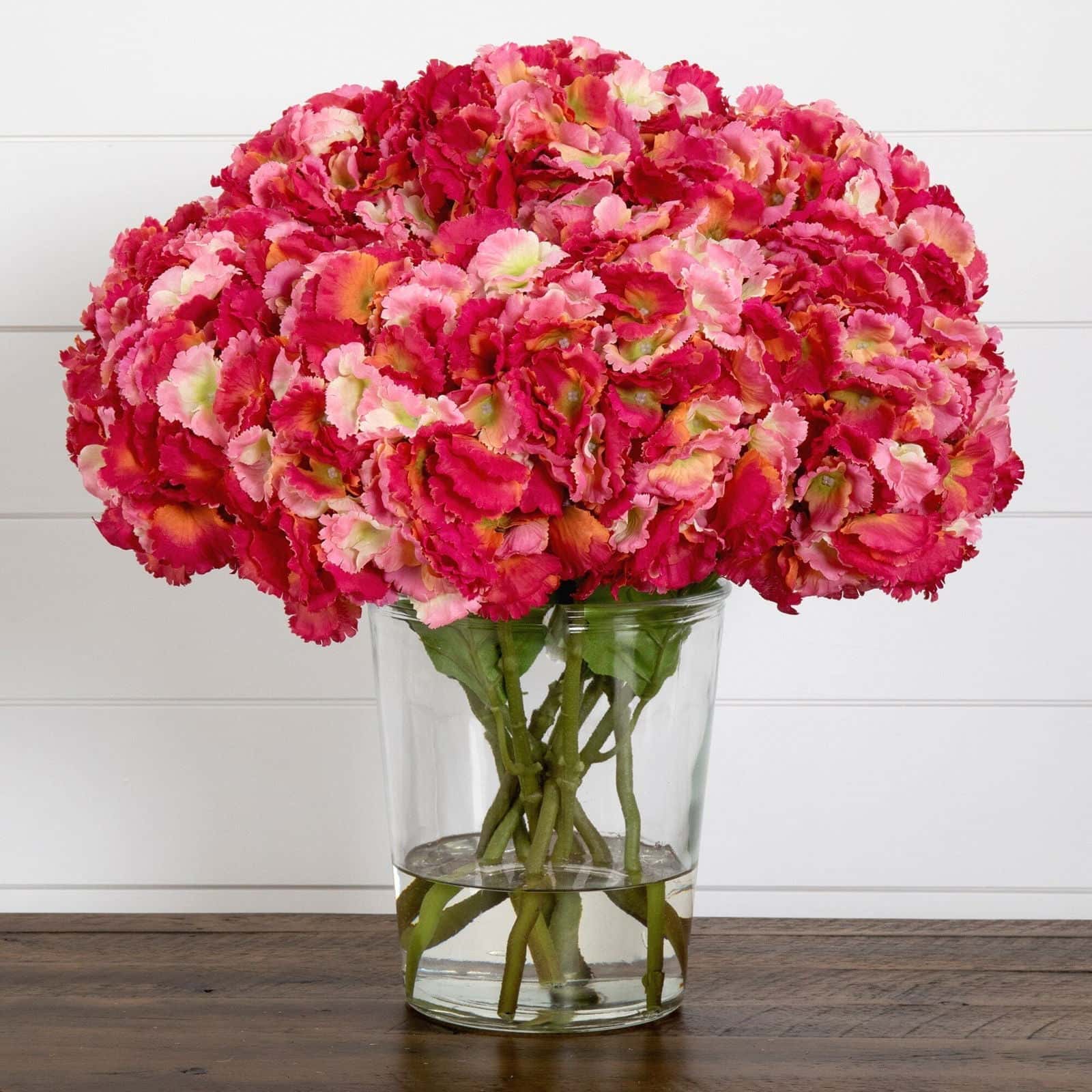 Signature Collection 18” Blooming Hydrangea Artificial Arrangement in Glass Vase Pink