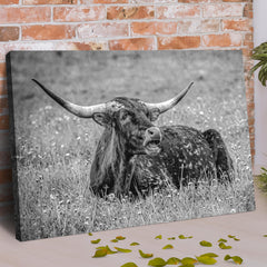 Black And White Longhorn Bull Canvas Wall Art