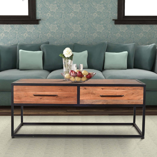 2 Drawer Coffee Table with Wooden Tile Top 18 H x 24 W x 47 L Inches Brown Wood