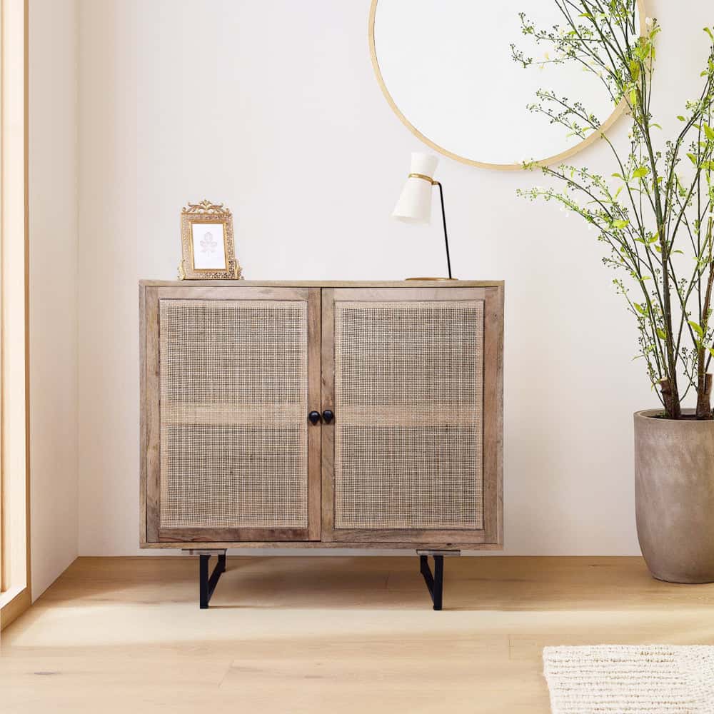 Handcrafted Accent Cabinet with 2 Mesh Rattan Doors 32 H x 35 W x 18 L Inches Mango Wood Brown and Black
