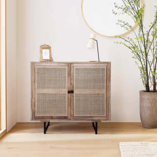 Handcrafted Accent Cabinet with 2 Mesh Rattan Doors 32 H x 35 W x 18 L Inches Mango Wood Brown and Black