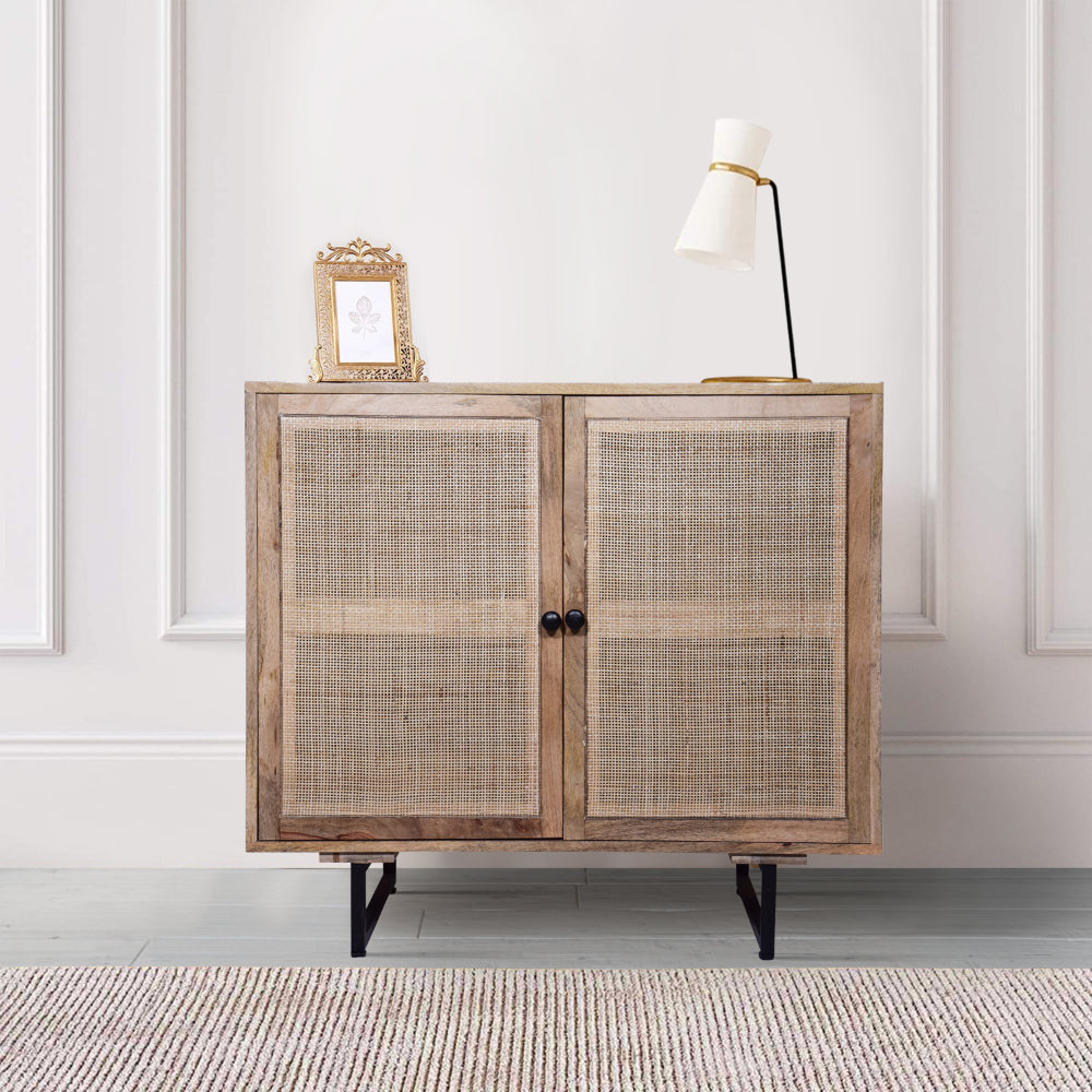 Handcrafted Accent Cabinet with 2 Mesh Rattan Doors