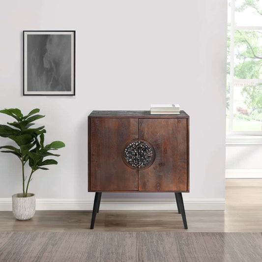 2 Door Mango Wood Sideboard Cabinet with Terrazzo Stone 30 L x 15 W x 36 H Inches Red Oak and Black Mango Wood and Iron