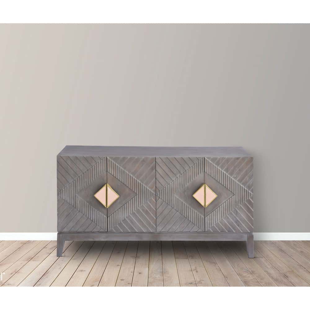 Mango Wood Sideboard Cabinet Console with Ornate Diamond Carving