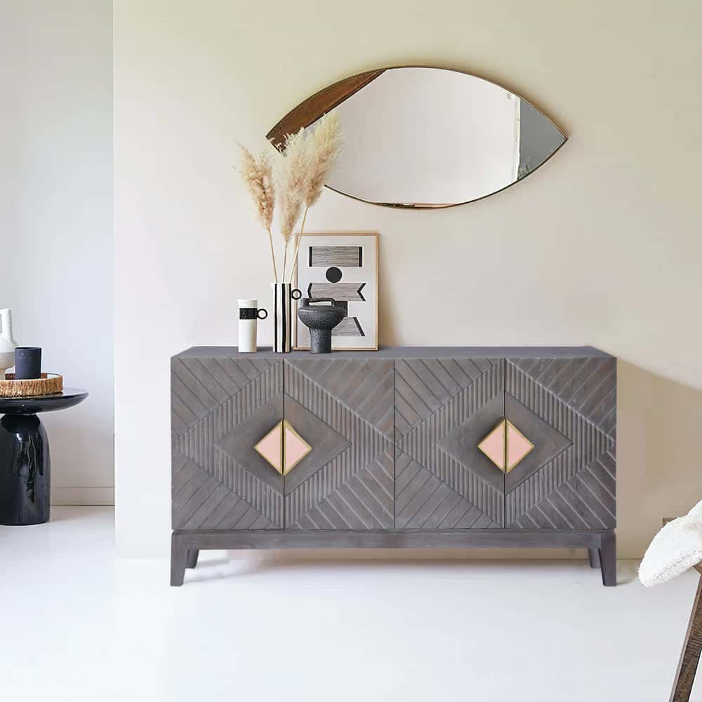 Mango Wood Sideboard Cabinet Console with Ornate Diamond Carving 30 H x 55 W x 19 L Inches Gray and Gold Wood
