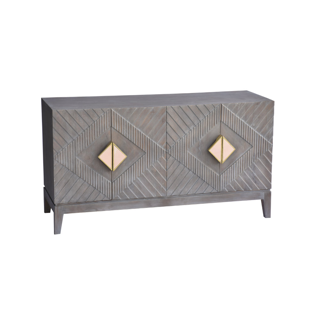 Mango Wood Sideboard Cabinet Console with Ornate Diamond Carving