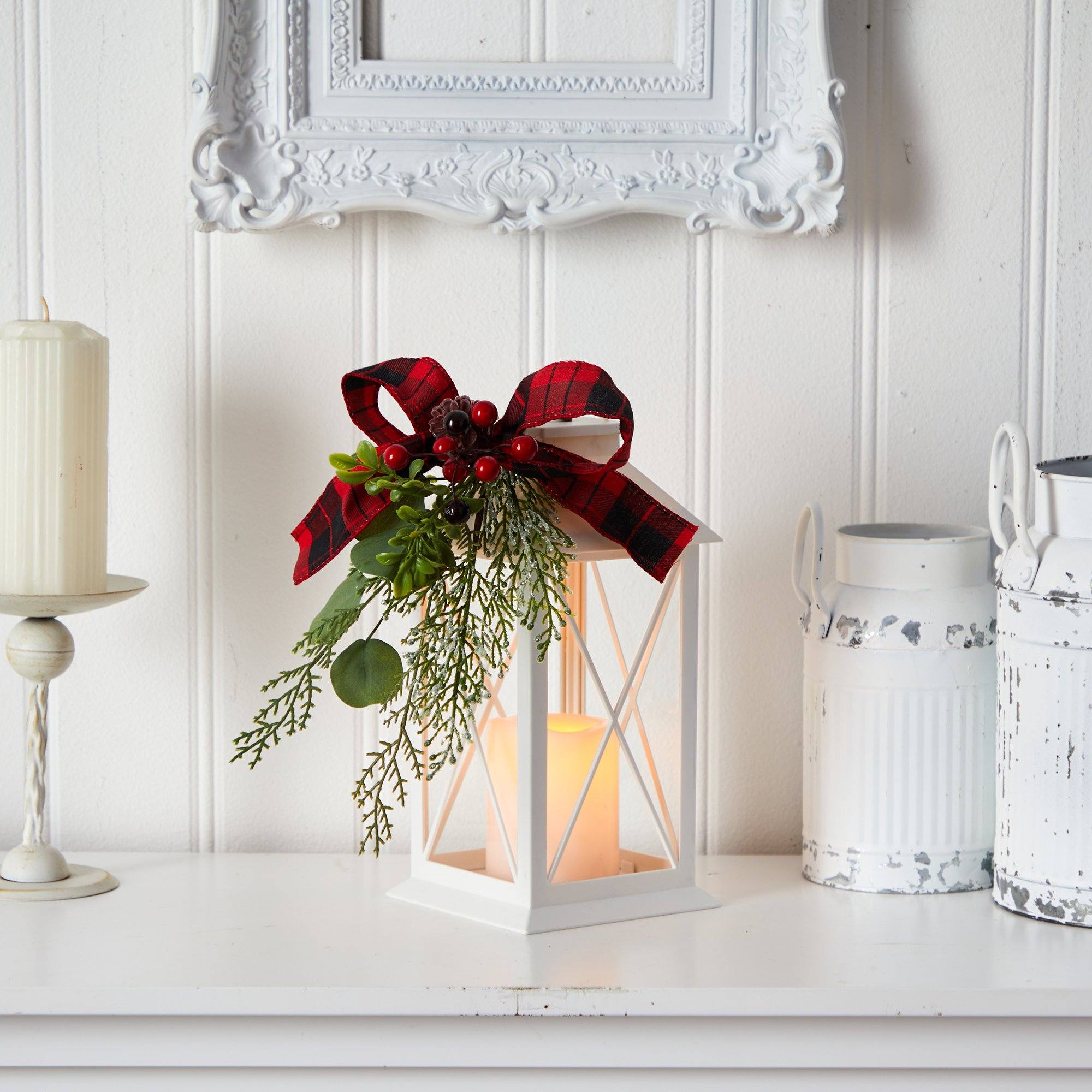 12" Holiday White Lantern With Berries Christmas Table Arrangement