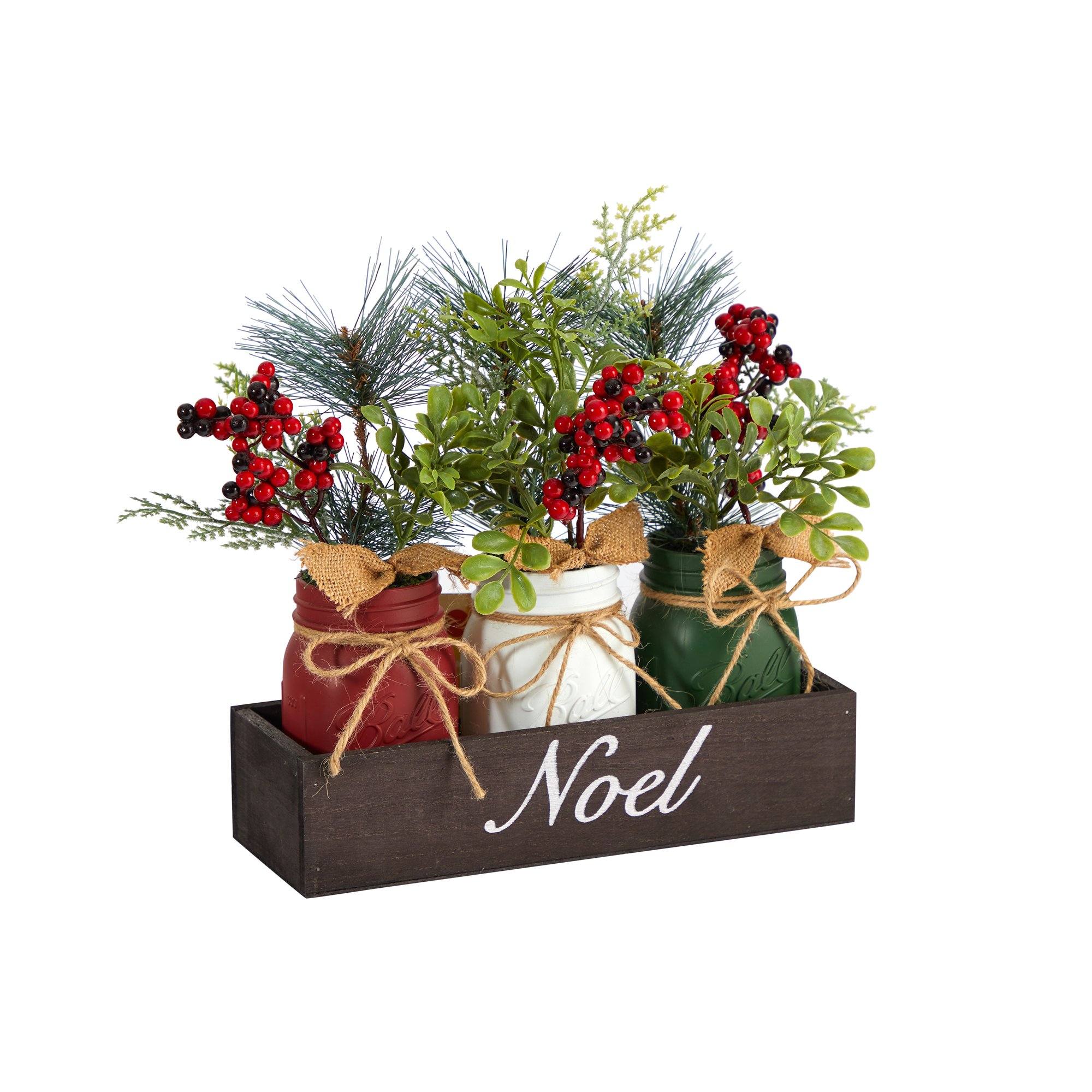 12” Holiday Winter Pine and Berries Three Piece Mason Jar “Noel” Table Christmas Arrangement Décor Secondary image