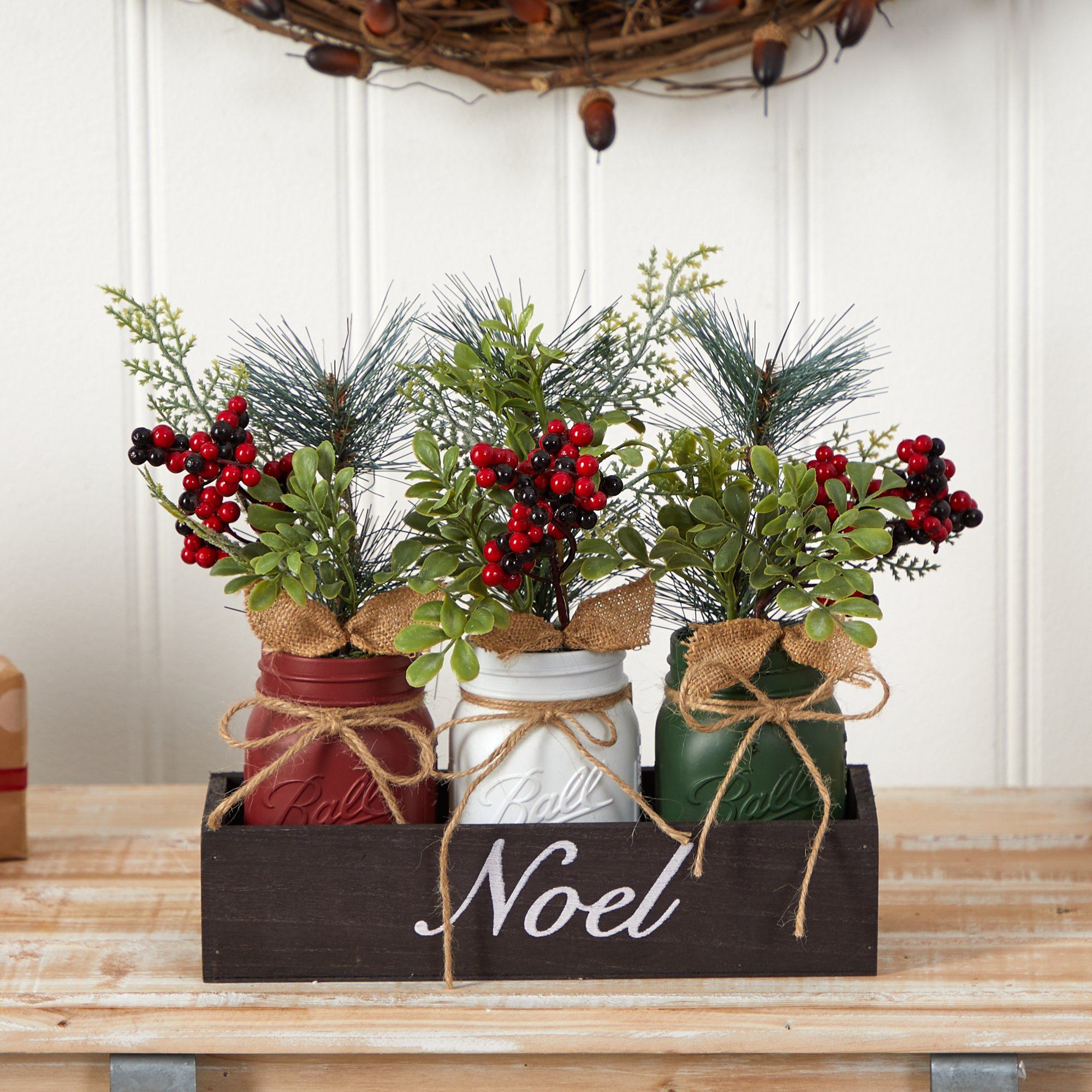 12” Holiday Winter Pine and Berries Three Piece Mason Jar “Noel” Table Christmas Arrangement Décor Main image