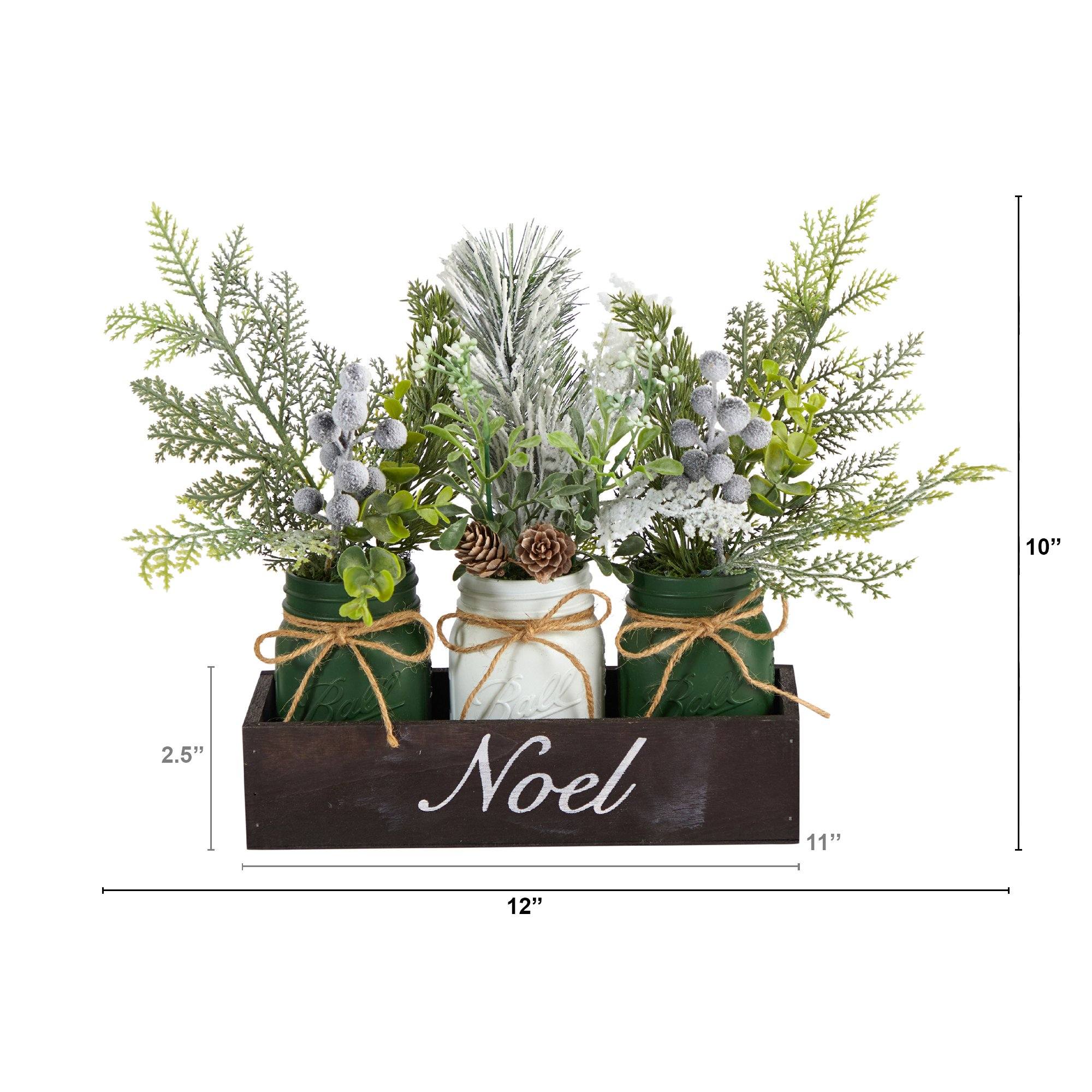 12” Holiday Winter Pine, Berries and Pine Cone Three Piece Mason Jar “Noel” Table Arrangement Décor Main image