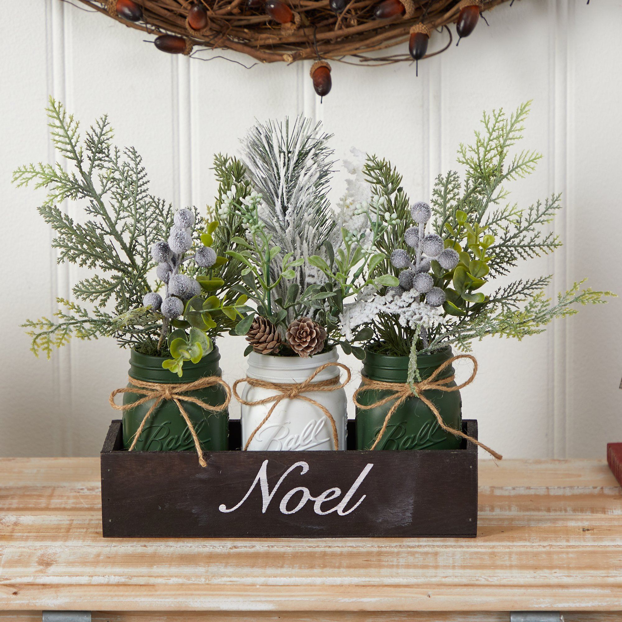 12” Holiday Winter Pine, Berries and Pine Cone Three Piece Mason Jar “Noel” Table Arrangement Décor Secondary image