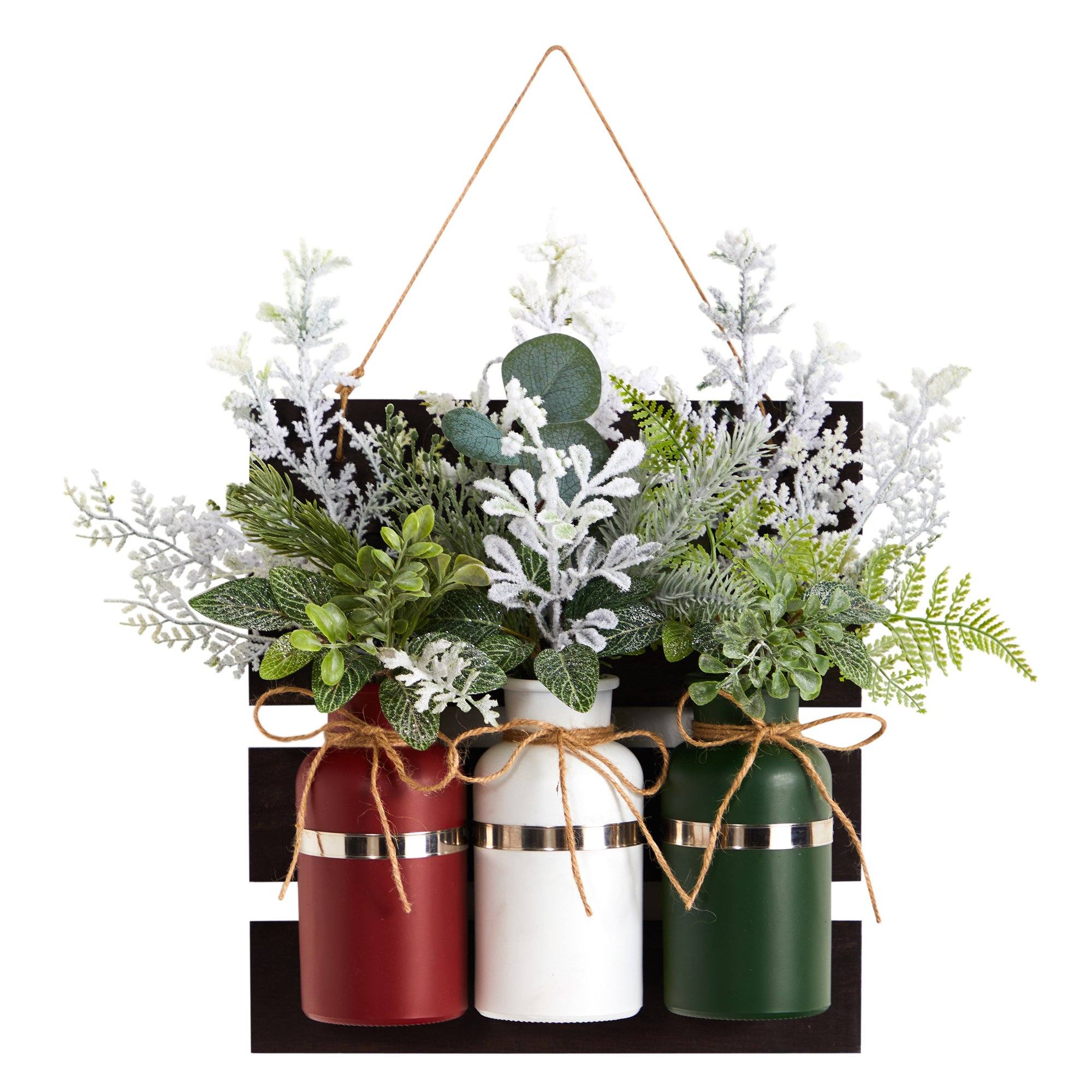 17” Holiday Assorted Christmas Pine Hanging Three Piece Mason Jar Arrangement Wall Art Décor Main image