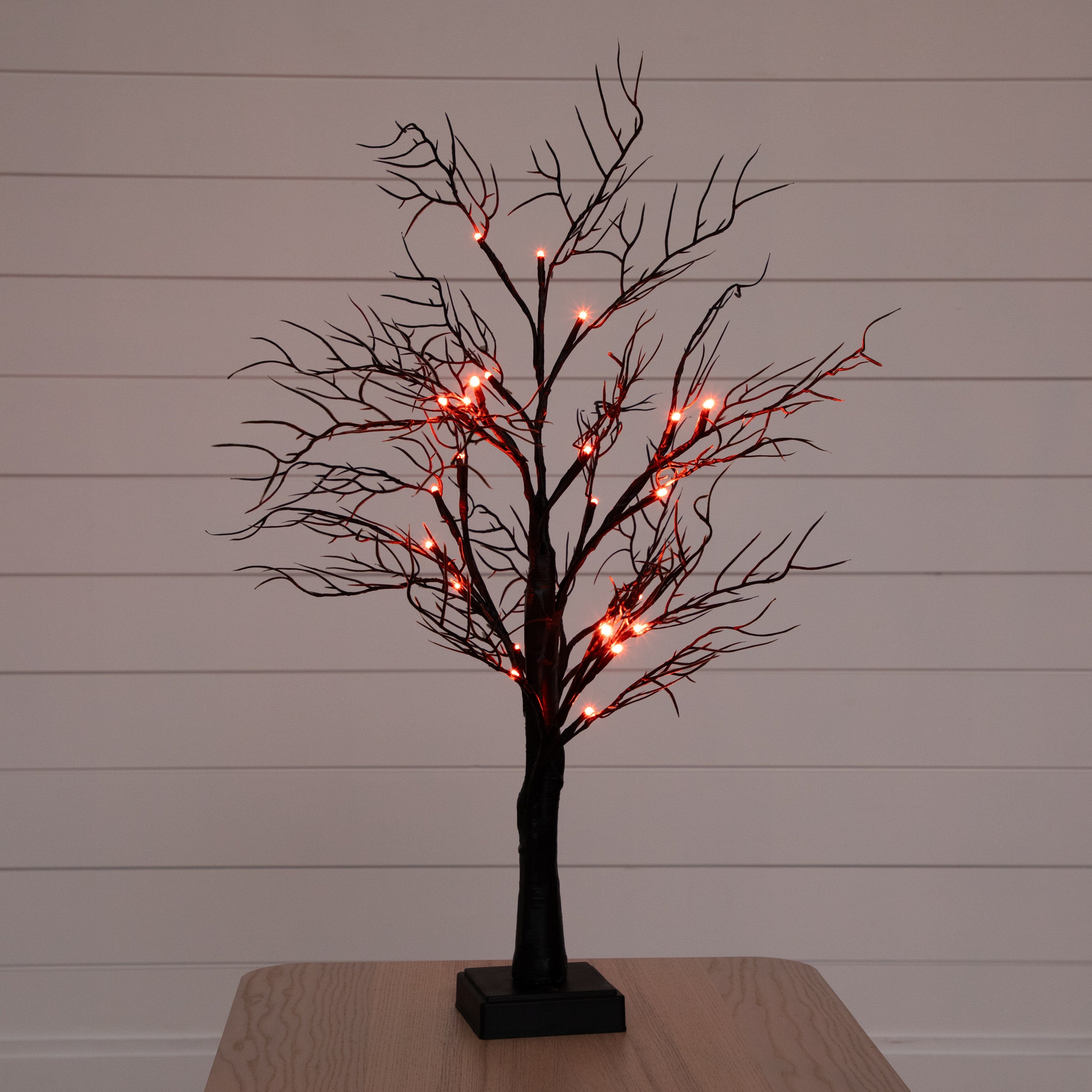 2’ Pre-Lit Halloween Deluxe Black Twig Artificial Fall Tree with 44 Orange & Purple LED Lights