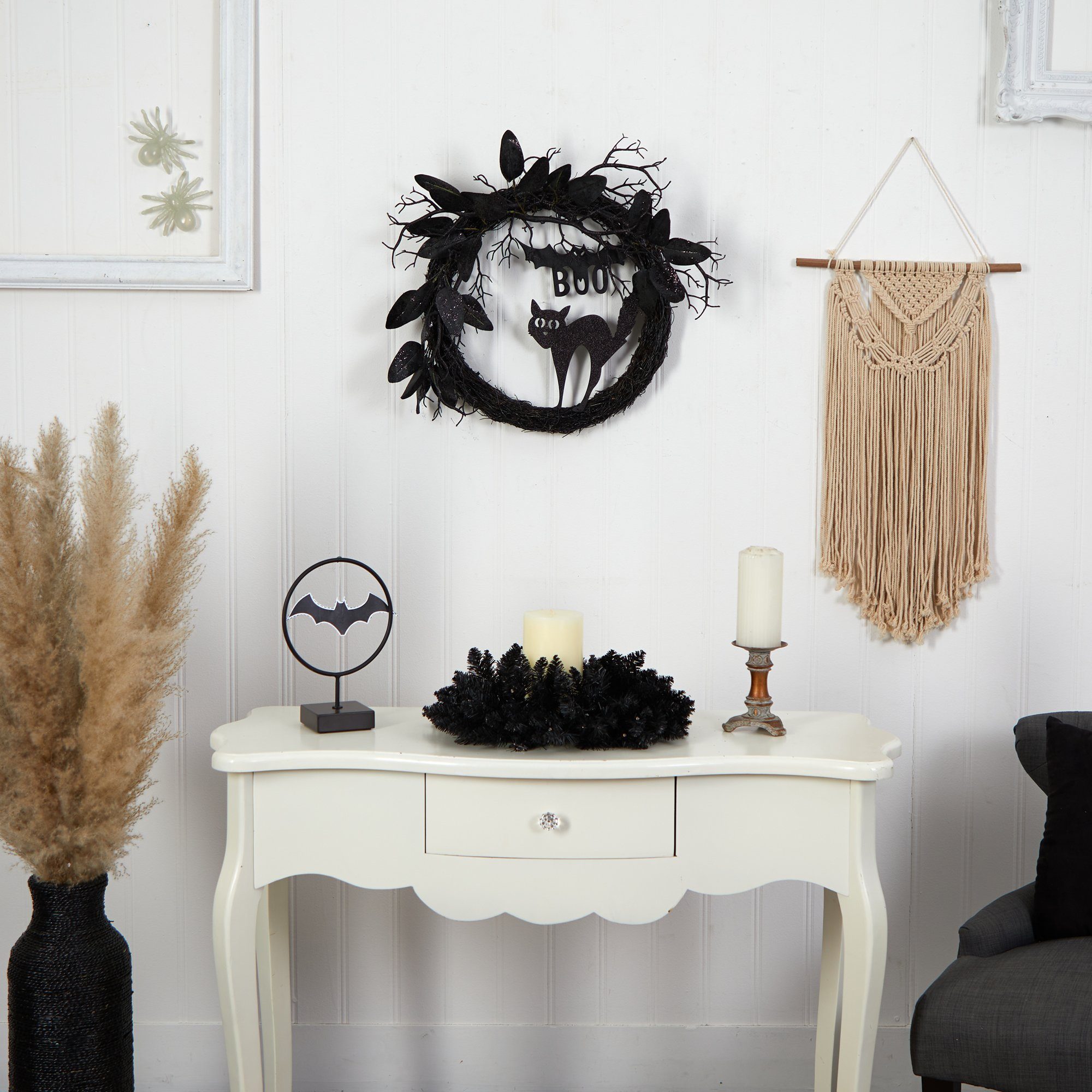22” Halloween Black Cat and Bat Boo Twig Wreath Main image