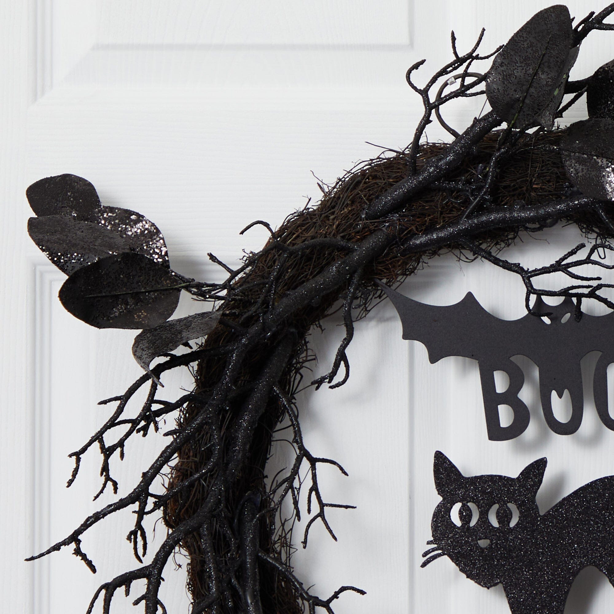 22” Halloween Black Cat and Bat Boo Twig Wreath Secondary image