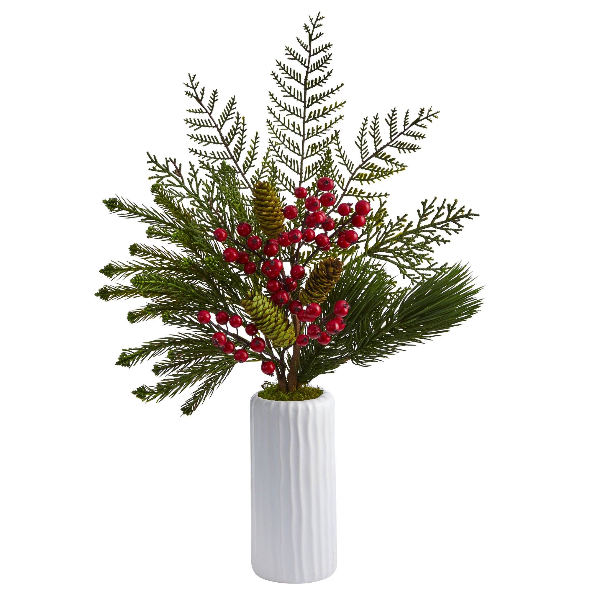 23” Mixed Pine, Pinecone and Berry Artificial Arrangement in White Vase Main image