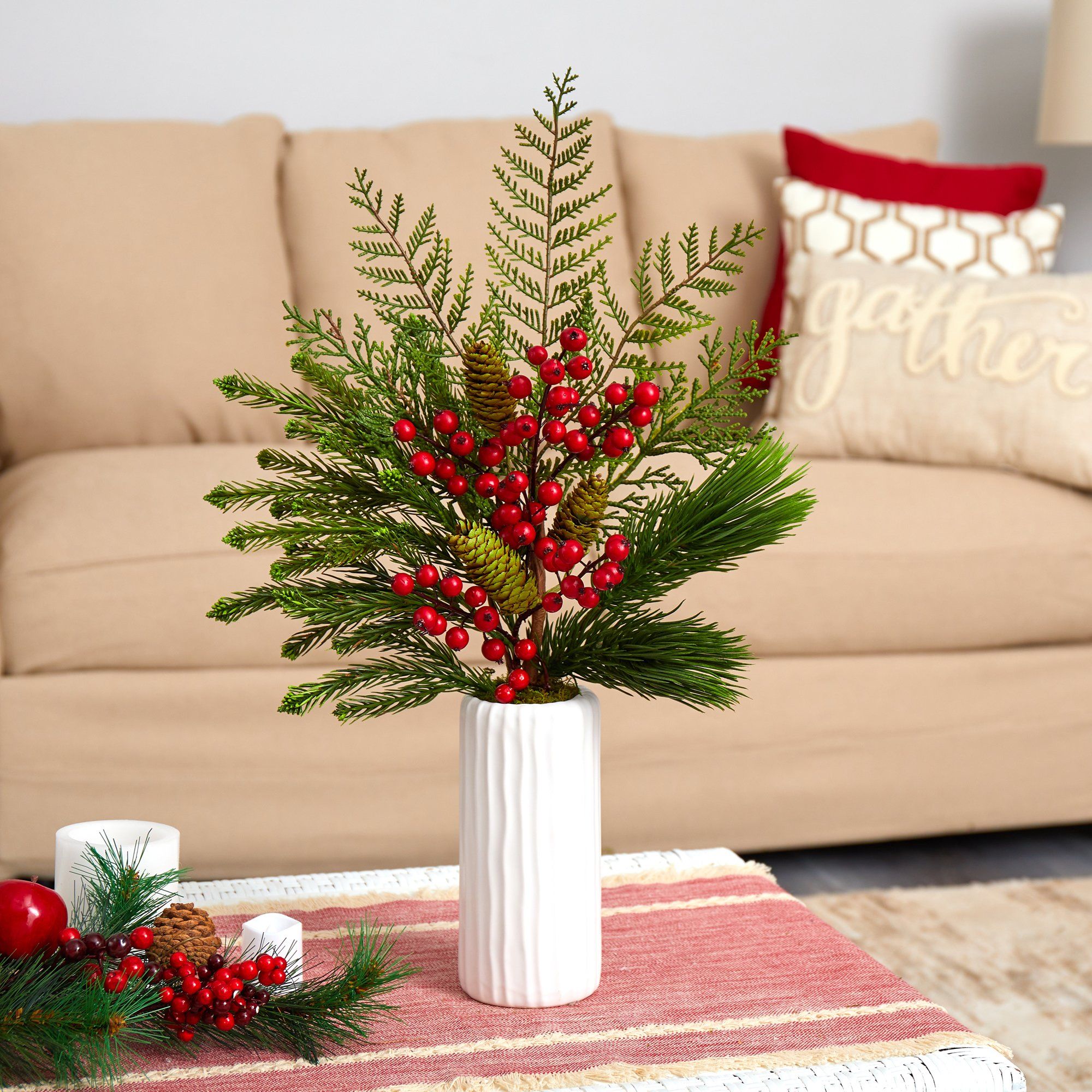 23” Mixed Pine, Pinecone and Berry Artificial Arrangement in White Vase Secondary image