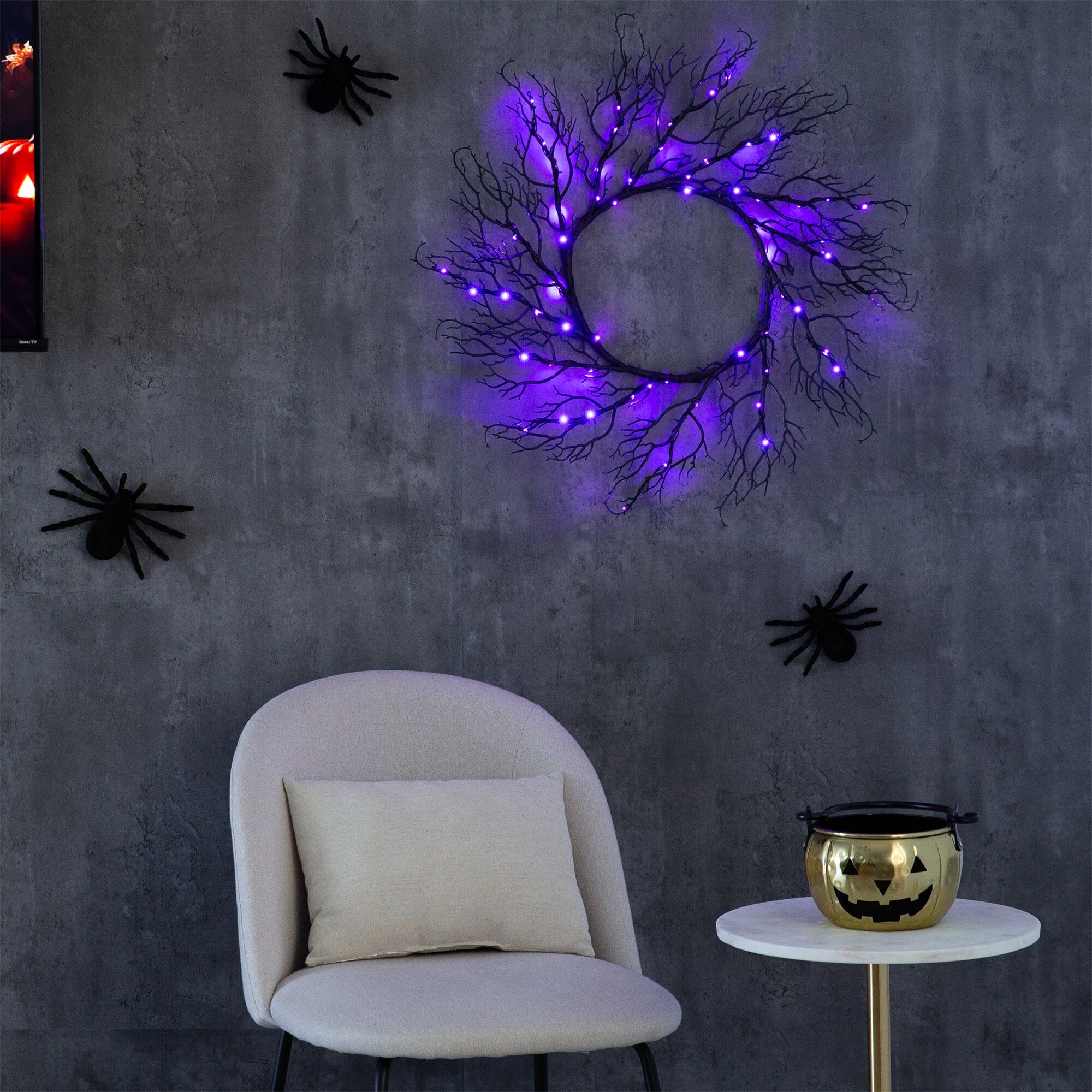 23” Pre-Lit Halloween Black Fall Wreath with 60 Orange & Purple LED Lights Secondary image