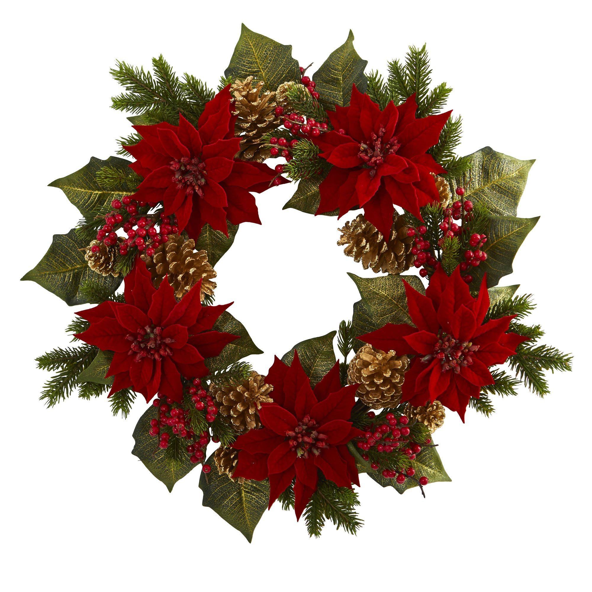 24” Poinsettia, Berry and Golden Pine Cone Artificial Wreath Secondary image
