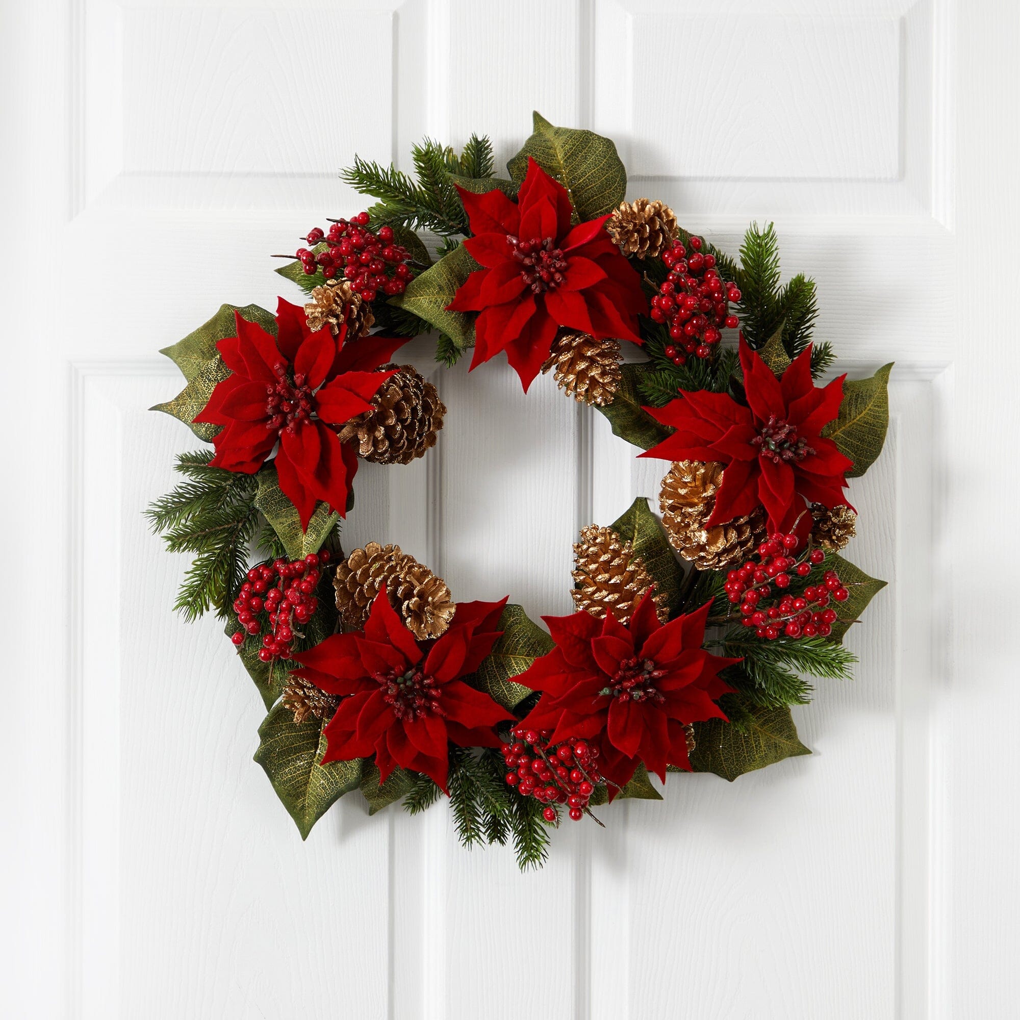 24” Poinsettia, Berry and Golden Pine Cone Artificial Wreath Main image