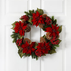 24” Poinsettia, Berry and Golden Pine Cone Artificial Wreath