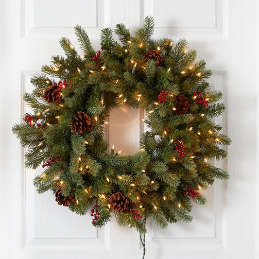 30” Lighted Pine Wreath With Berries & Pine Cones