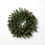 30” Lighted Pine Wreath With Berries & Pine Cones