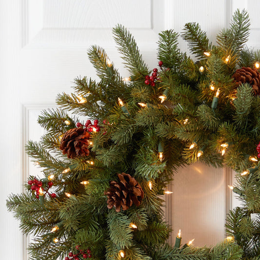 30” Lighted Pine Wreath With Berries & Pine Cones