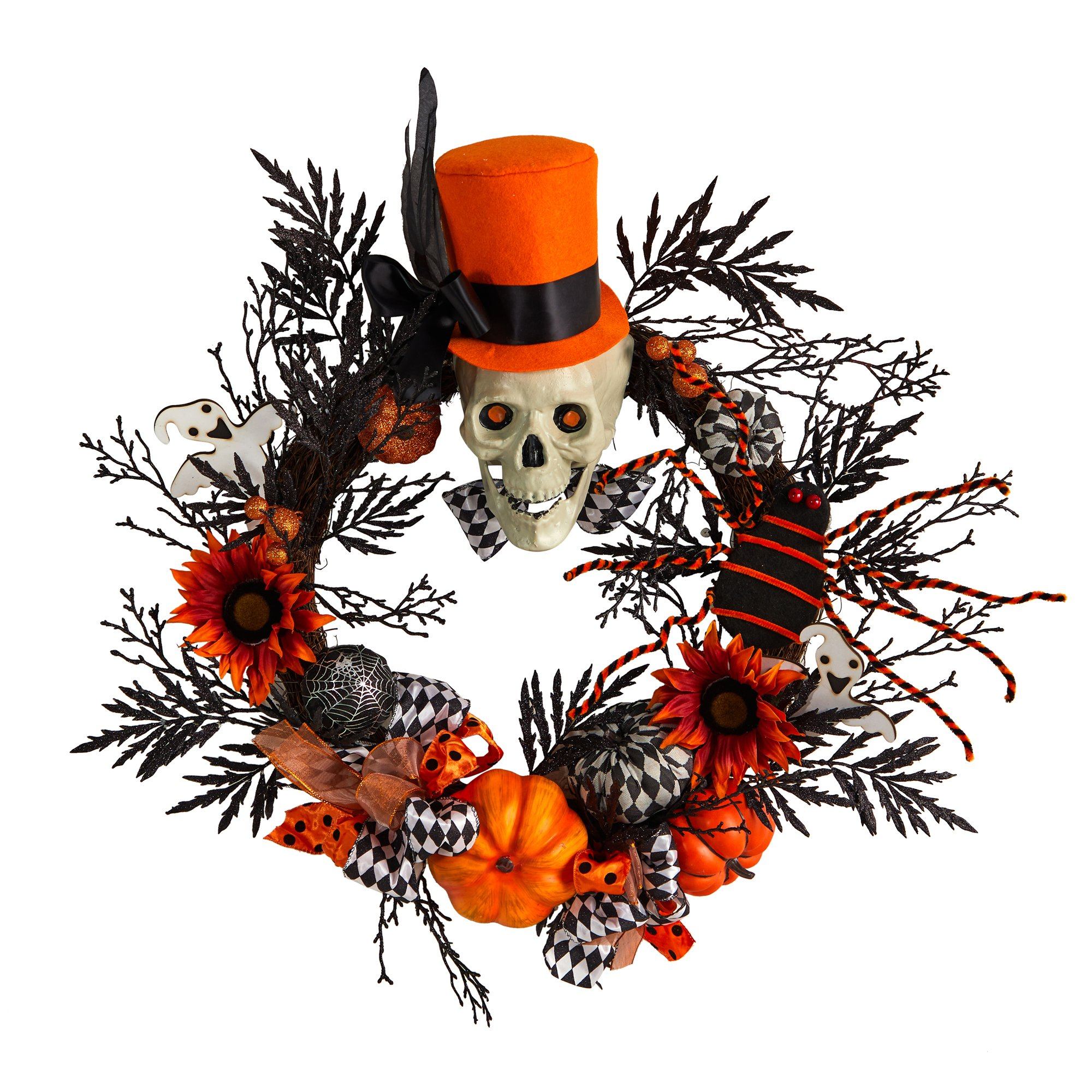 30” Spider and Skull with Top Hat Halloween Wreath Main image