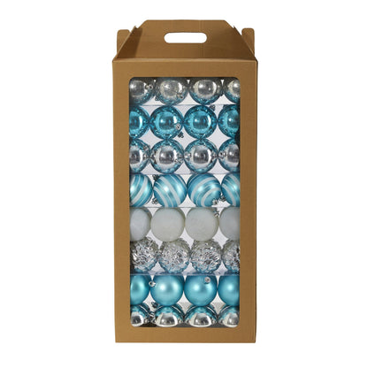 Holiday Shatterproof, 64 Count Christmas Tree Ornament Set, 80mm with Re-Useable Box Blue