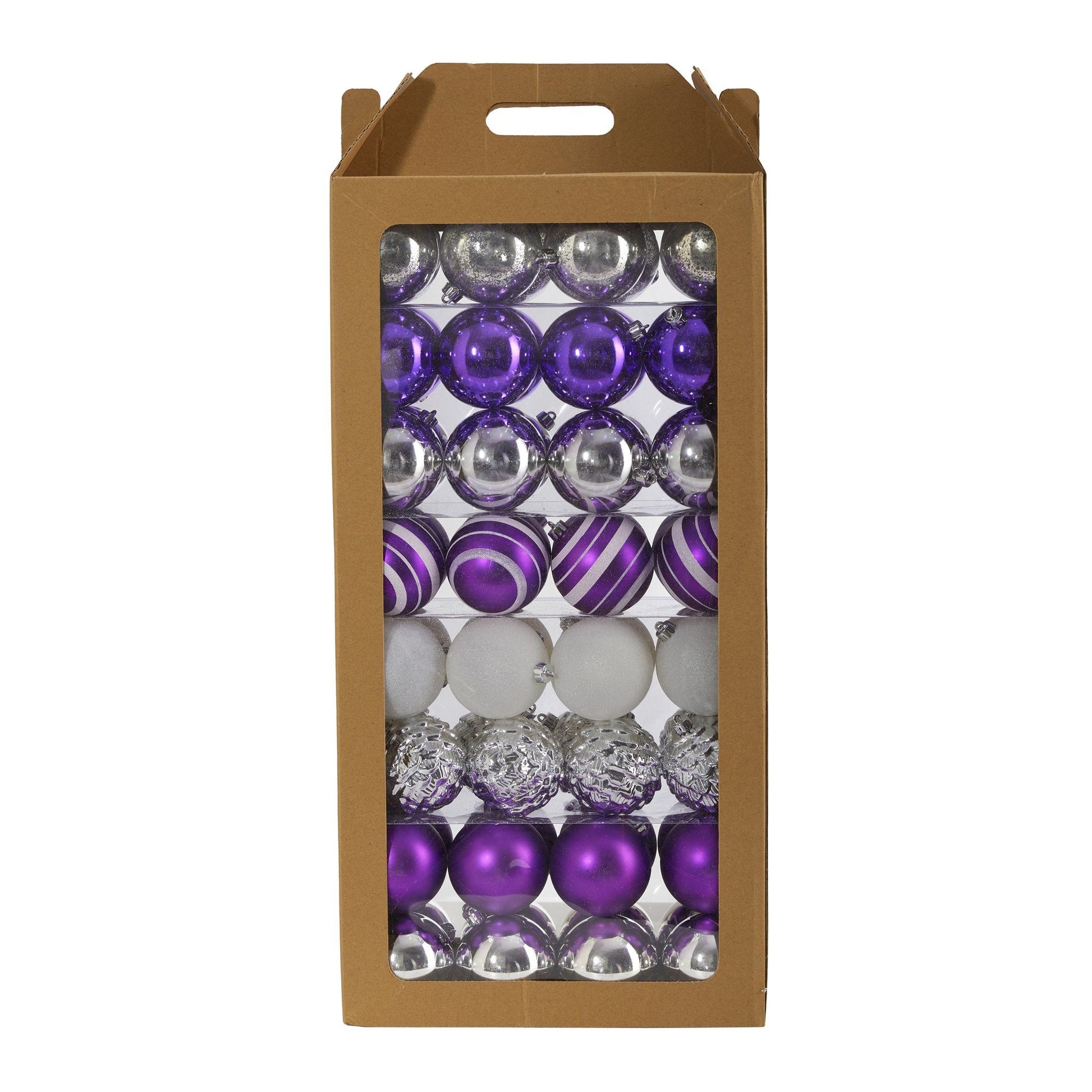 Holiday Shatterproof, 64 Count Christmas Tree Ornament Set, 80mm with Re-Useable Box Purple