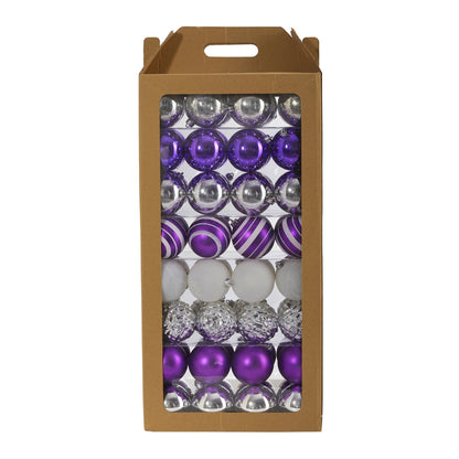 Holiday Shatterproof, 64 Count Christmas Tree Ornament Set, 80mm with Re-Useable Box Purple