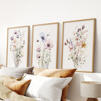Watercolor Floral Wall Art. Set of 3 Botanical Prints Framed: Natural Wood