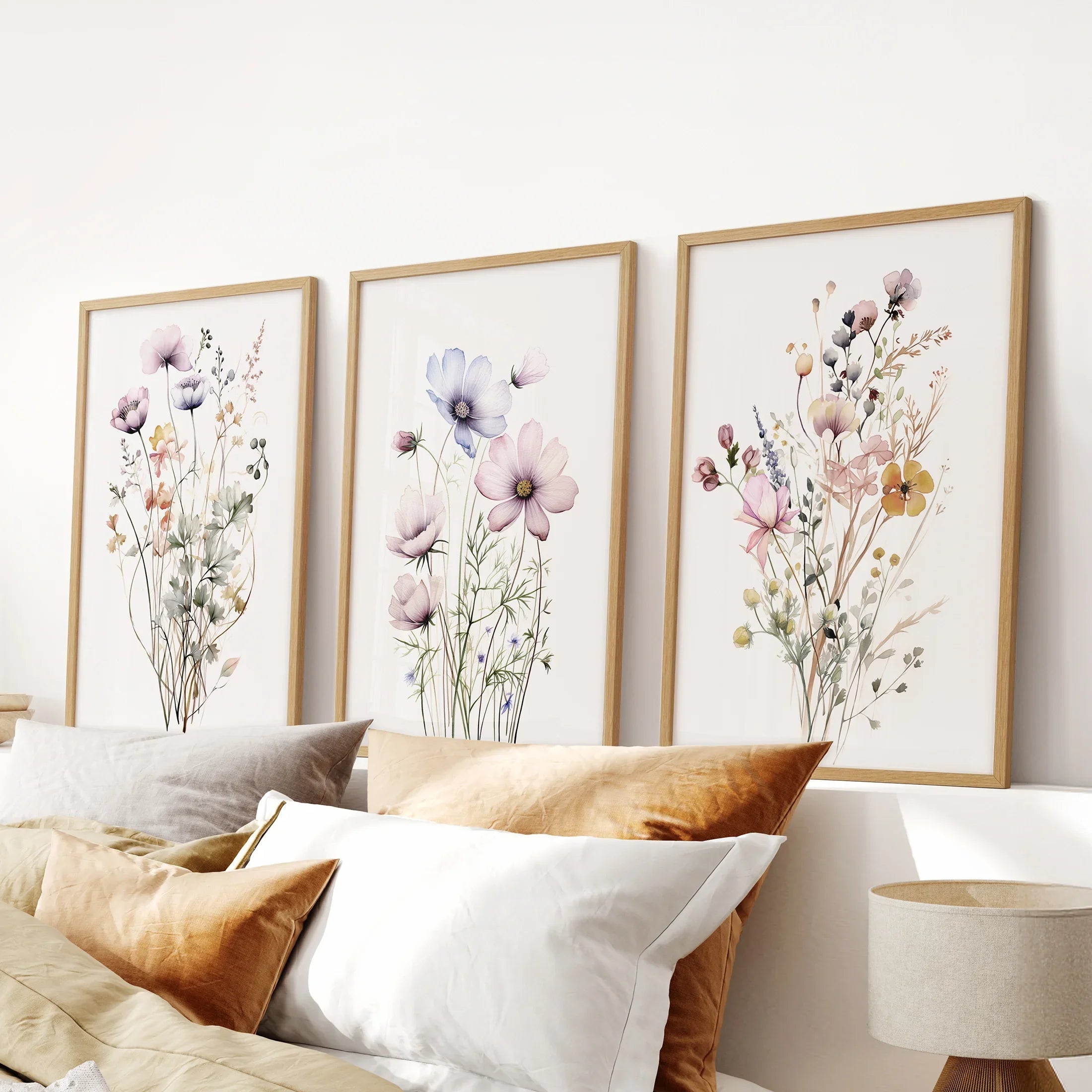 Watercolor Floral Wall Art. Set of 3 Botanical Prints Framed: Natural Wood