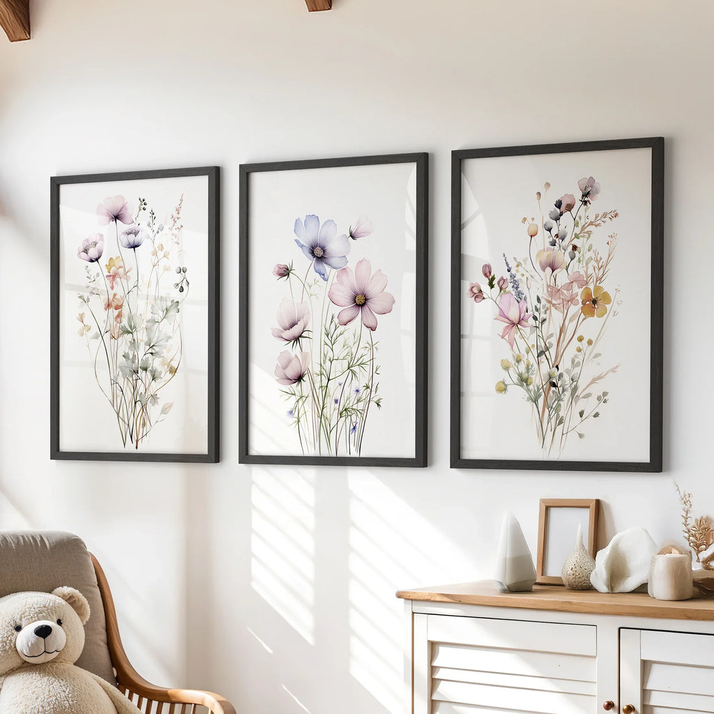 Watercolor Floral Wall Art. Set of 3 Botanical Prints Framed: Black Oak