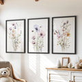Watercolor Floral Wall Art. Set of 3 Botanical Prints Framed: Black Oak