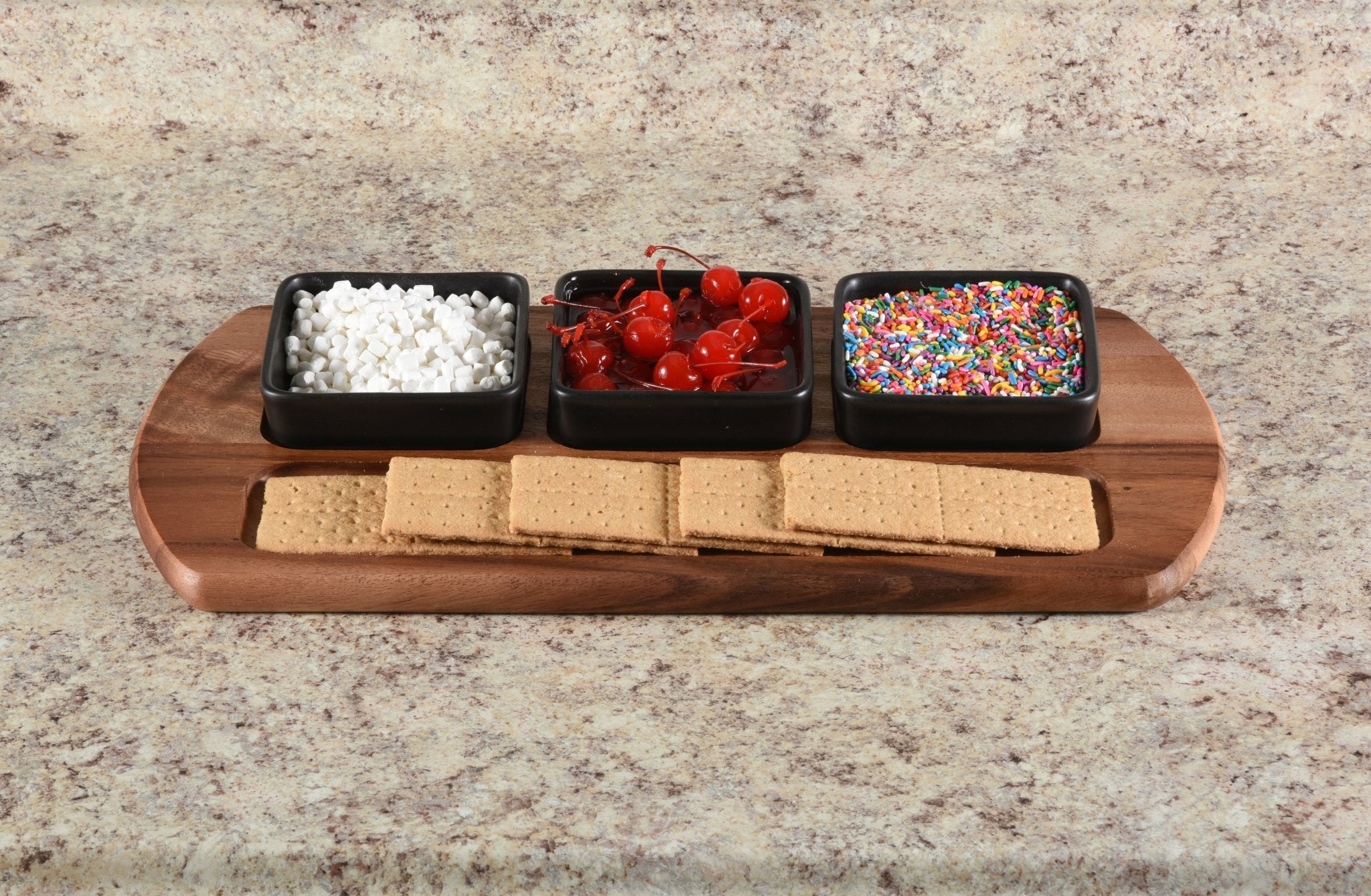 Charcuterie/ Serving Tray w/ 3 black square ceramic bowls Main image