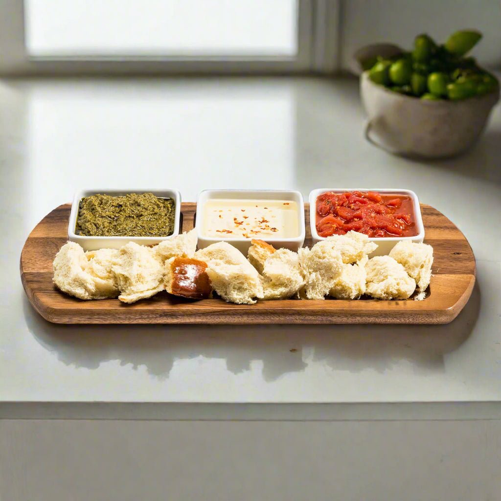 Charcuterie / Serving Tray w/ 3 Square Ceramic Bowls White