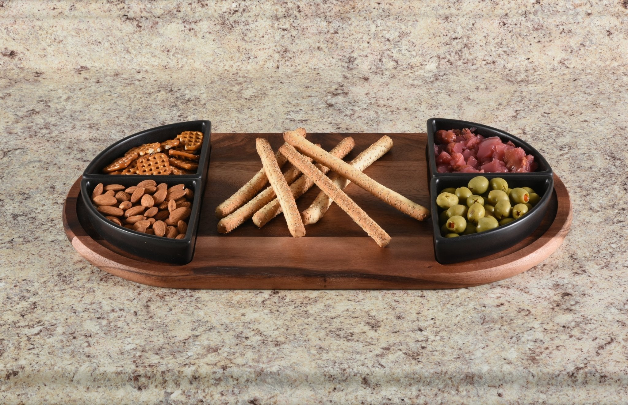 Charcuterie / Serving Tray w/ 4 Triangular Ceramic Bowls Black