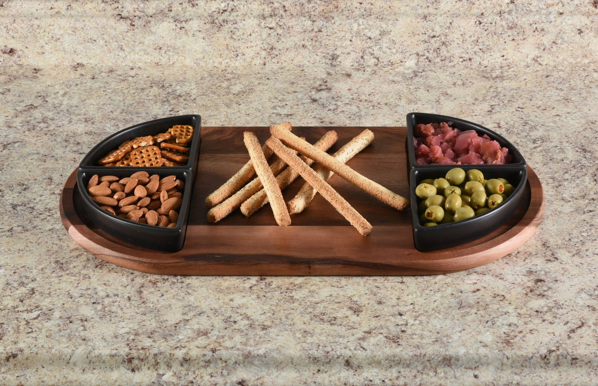 Charcuterie / Serving Tray w/ 4 Triangular Ceramic Bowls Black