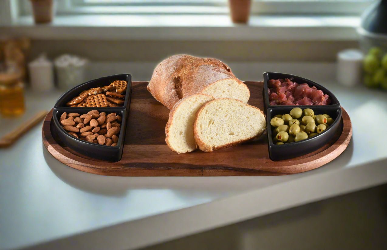 Charcuterie / Serving Tray w/ 4 Triangular Ceramic Bowls