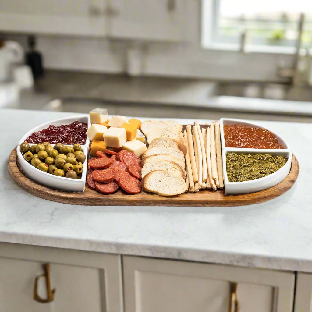 Charcuterie / Serving Tray w/ 4 Triangular Ceramic Bowls White