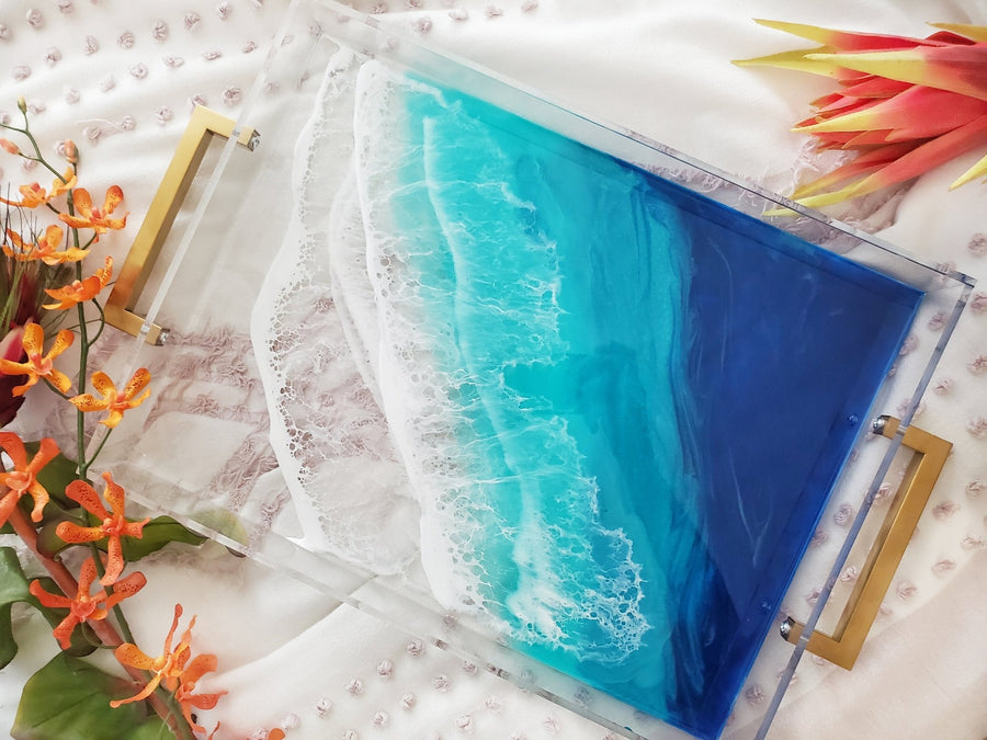 Clear Acrylic Serving Tray + Gold Handles Tropical Getaway