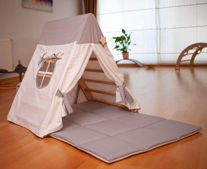Climbing Triangle with Tent Cover, Mat, Ramp With Plain Tent Cover and Play Mat (White and Gray)