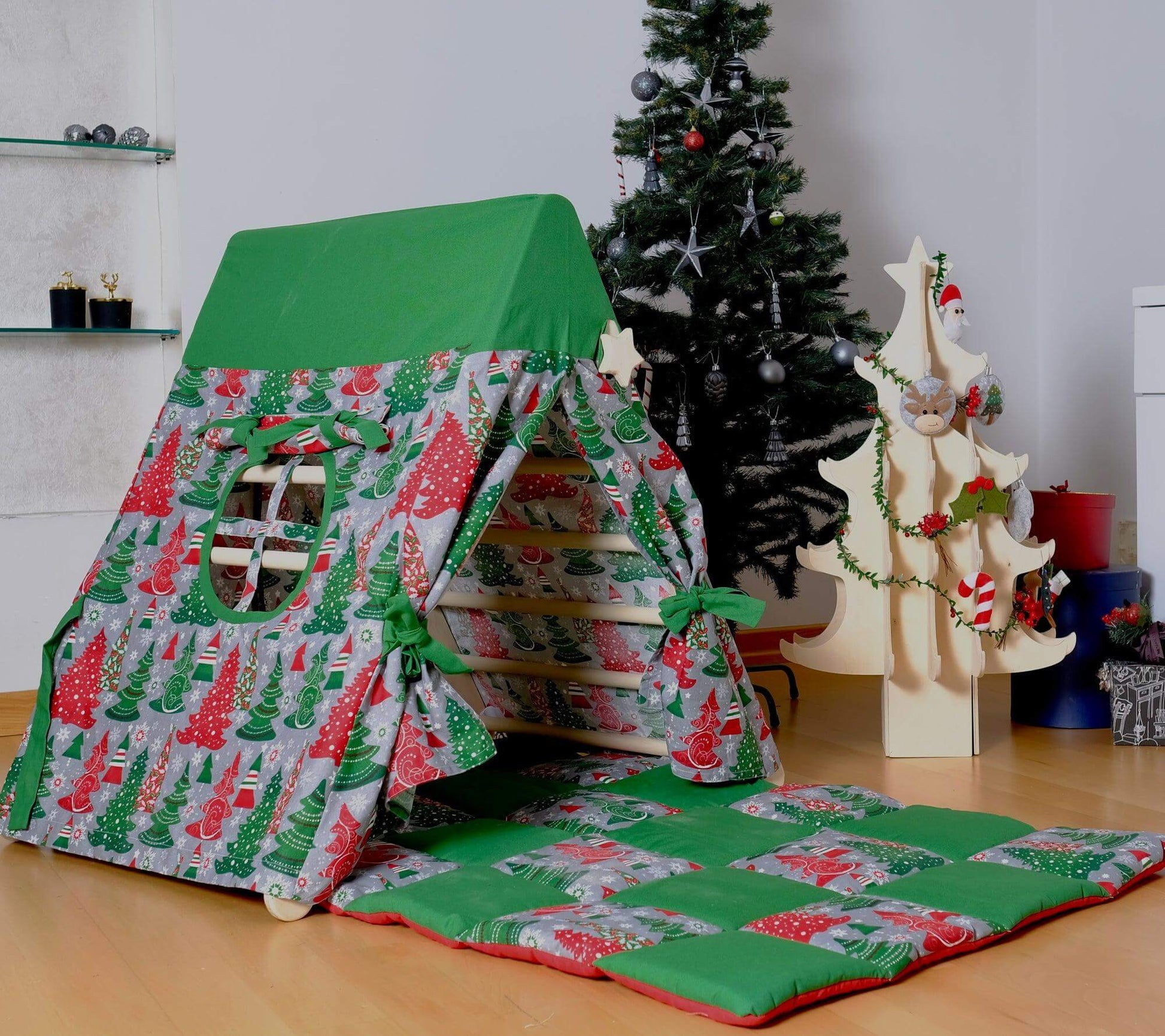 Climbing Triangle with Tent Cover, Mat, Ramp With Christmas Tent Cover and Play Mat (Green and Gray )