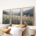 Meadow Landscape Wall Art Set of 3. Nature Prints Framed: Natural Wood