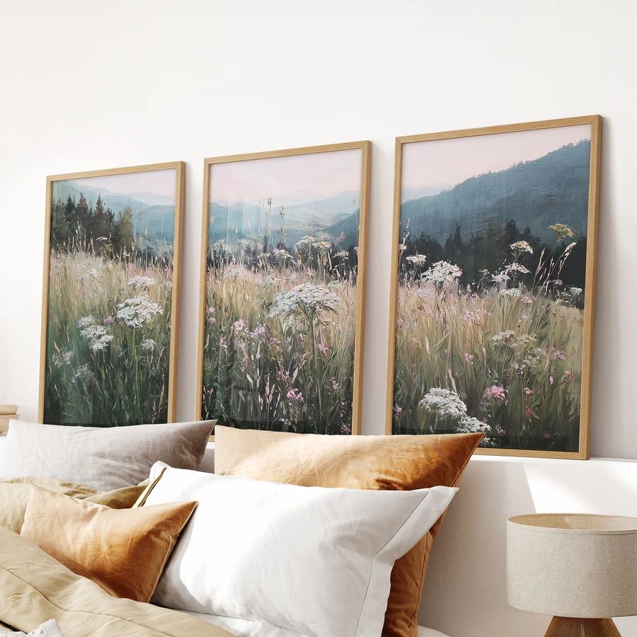 Meadow Landscape Wall Art Set of 3. Nature Prints Framed: Natural Wood