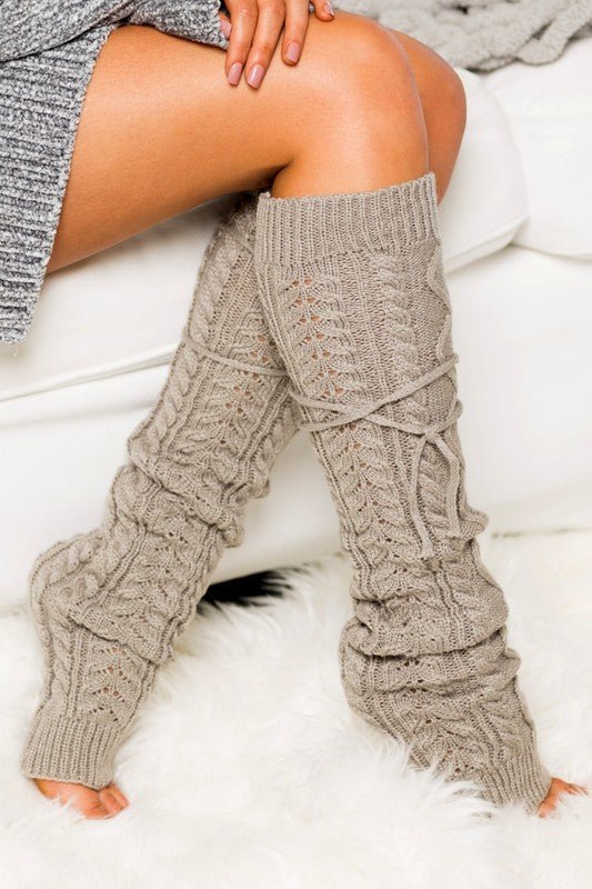 Cozy Cable Knit Long Tie Leg Warmers Gray OneSize Main image