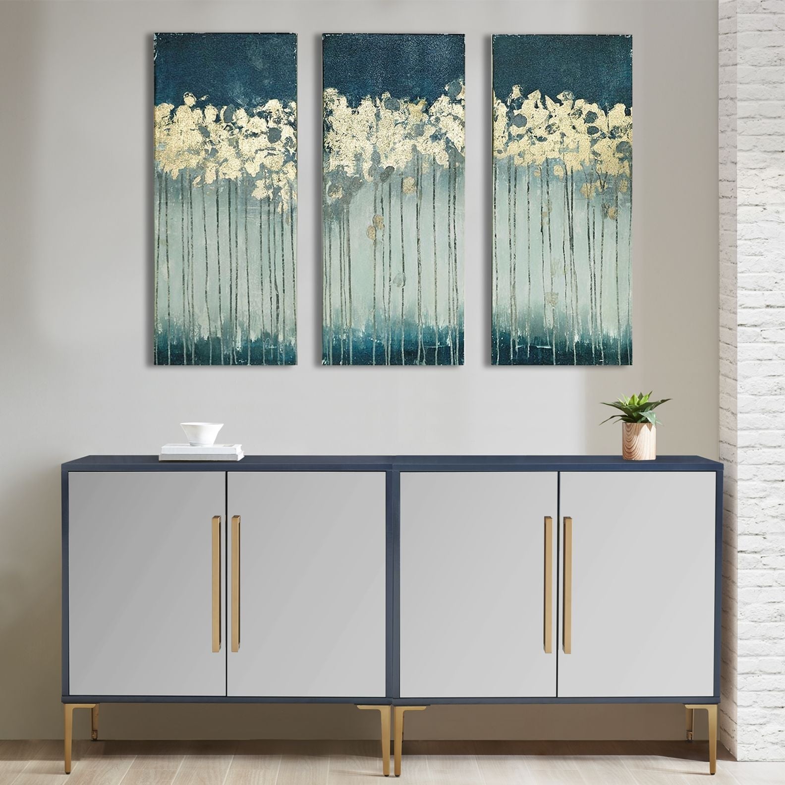 Dewy Forest Gold Foil Abstract 3-piece Canvas Wall Art Set Main image